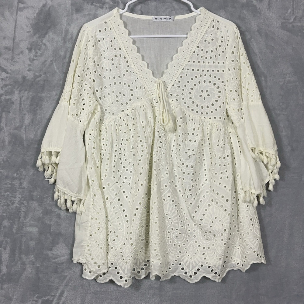 Tempo Paris Womens Cover Up Top Eyelet Baby Doll Bohemian Cottage S/M Italy Made